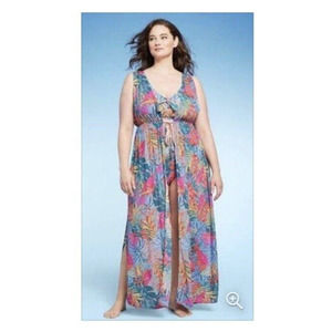 Kona Sol Womens Multicolor Duster Maxi Swim Cover Up Sleevless Tropical Print 1X